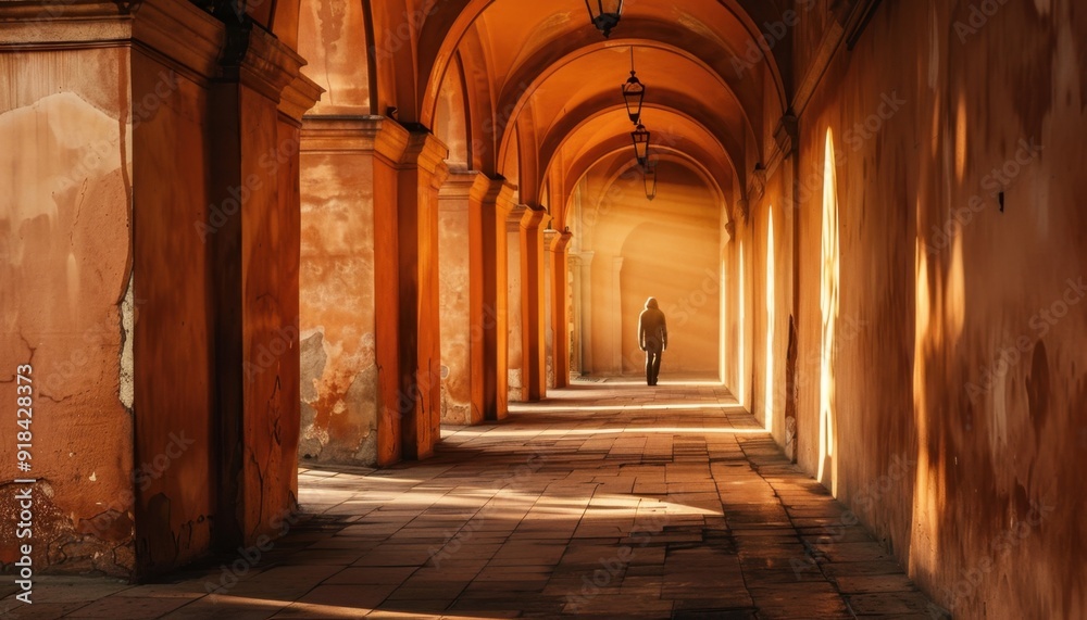 A lone figure walks through a sunlit ancient arcade during the early morning hours in a historic city A lone figure walks through a sunlit ancient arcade during the early morning hours in a historic city