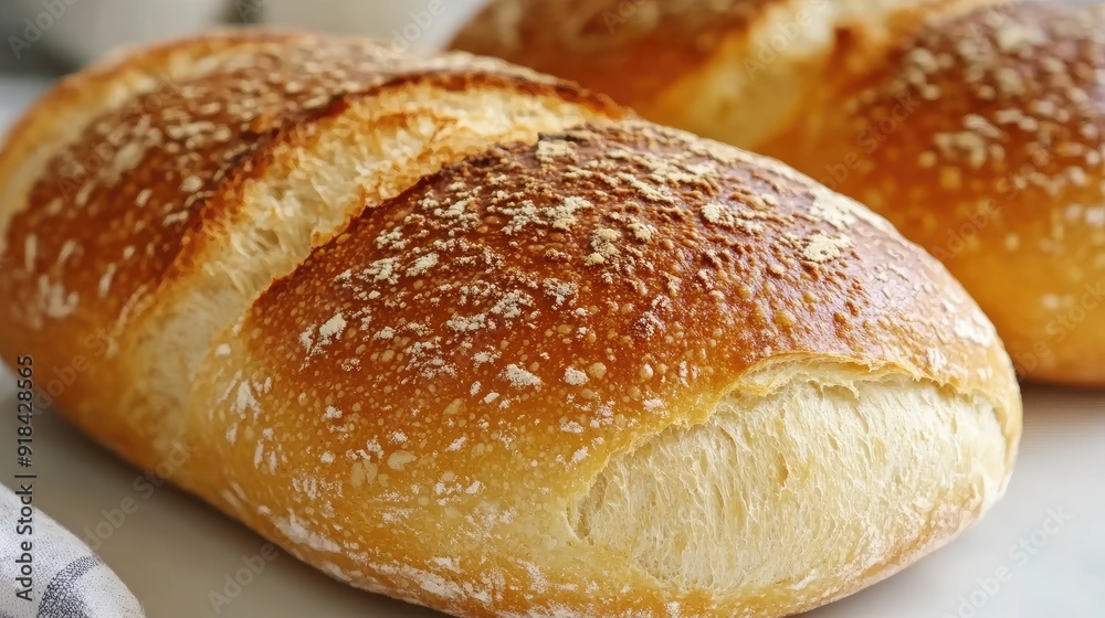 Close-up of freshly baked homemade sourdough bread, emphasizing its golden crust and soft, airy crumb, ideal for recipe ideas. Close-up of freshly baked homemade sourdough bread, emphasizing its golden crust and soft, airy crumb, ideal for recipe ideas.