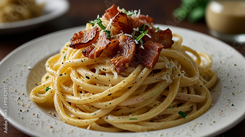 A Plate Of Creamy Spaghetti Carbonara Topped With Crispy Pancetta And Freshly Grated Parmesan Cheese, Restaurant Food Menu Image