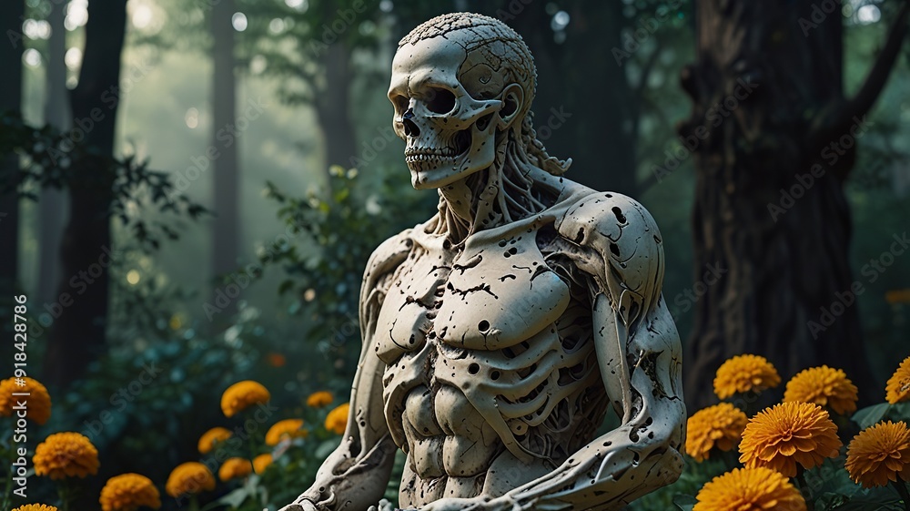 Obraz premium Free New highly detailed and surrealistic digital art piece of a statue with flower face integrated with nature ai art list .
