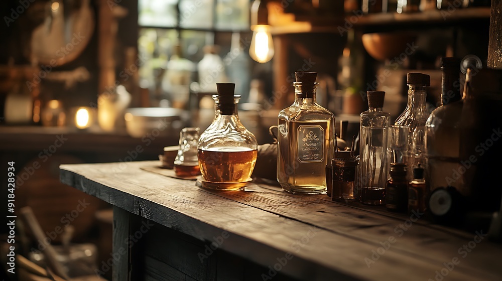 A Collection of Glass Bottles on a Rustic Wooden Table A Collection of Glass Bottles on a Rustic Wooden Table