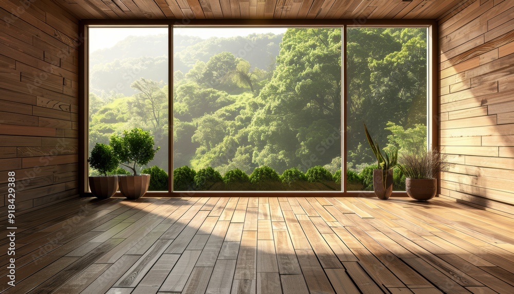 Modern wooden interior with large windows showcasing a lush green landscape during daylight Modern wooden interior with large windows showcasing a lush green landscape during daylight