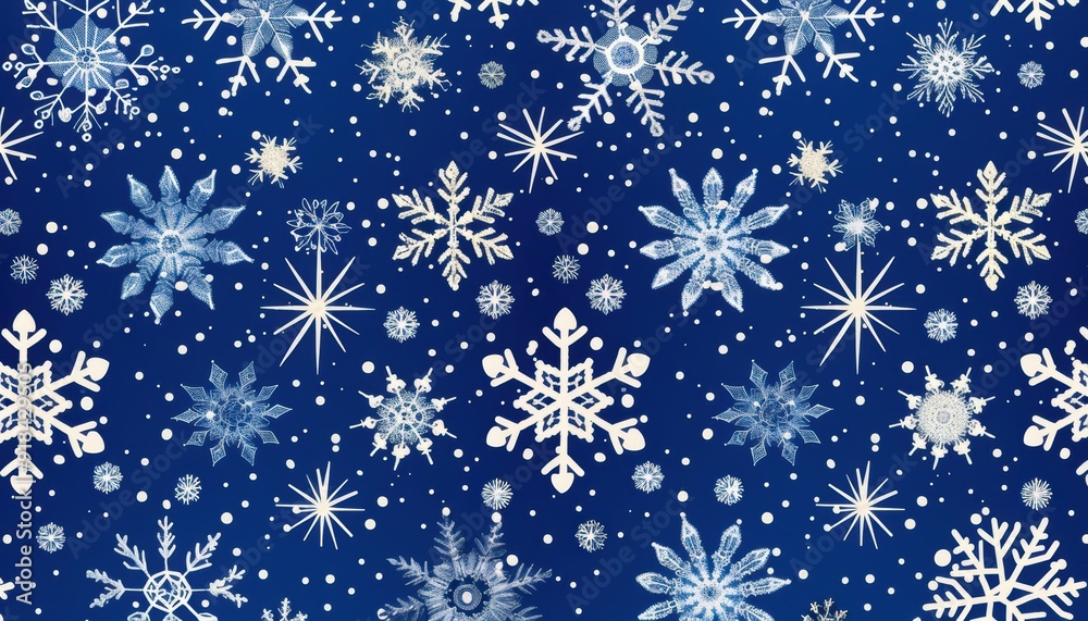 Snowflakes and stars create a festive winter pattern on a deep blue background Snowflakes and stars create a festive winter pattern on a deep blue background