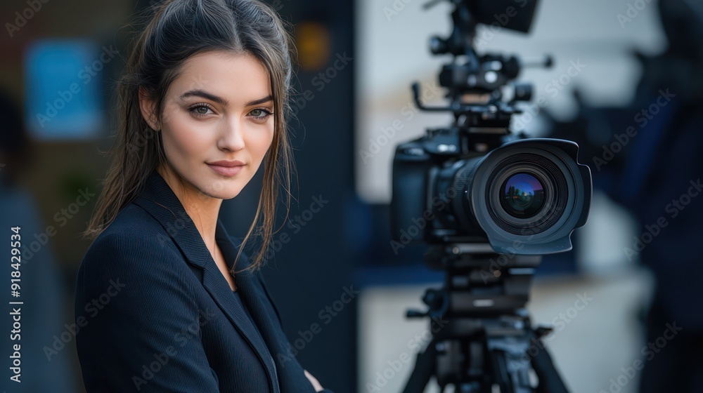 Naklejka premium Reporter standing next to camera