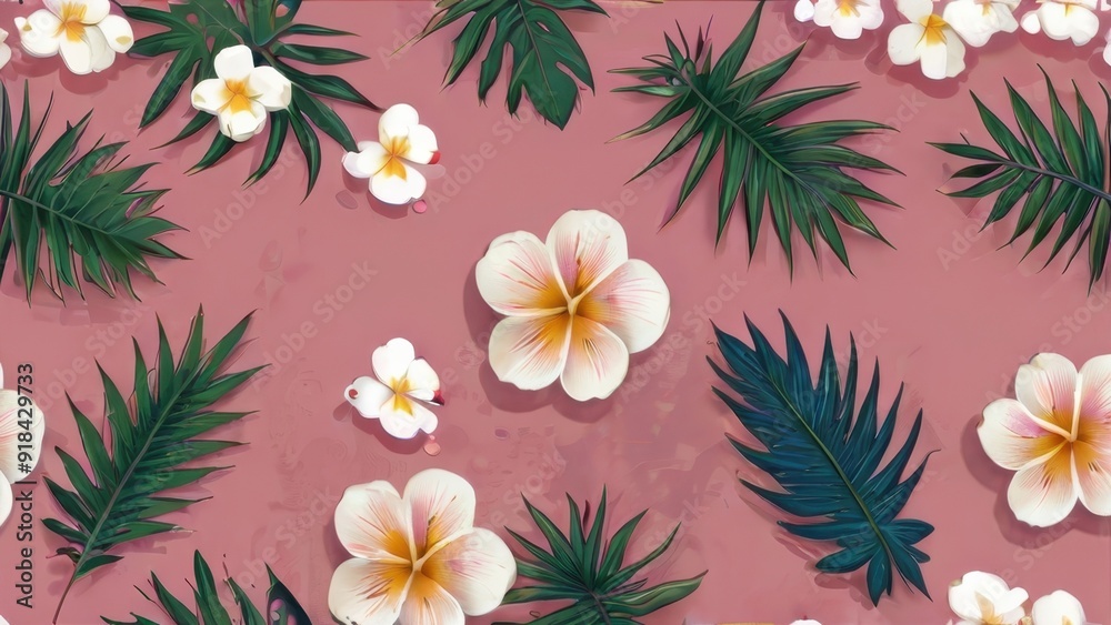 Obraz premium Exotic flowers and leaves on pink background, floral wallpaper, floral pattern