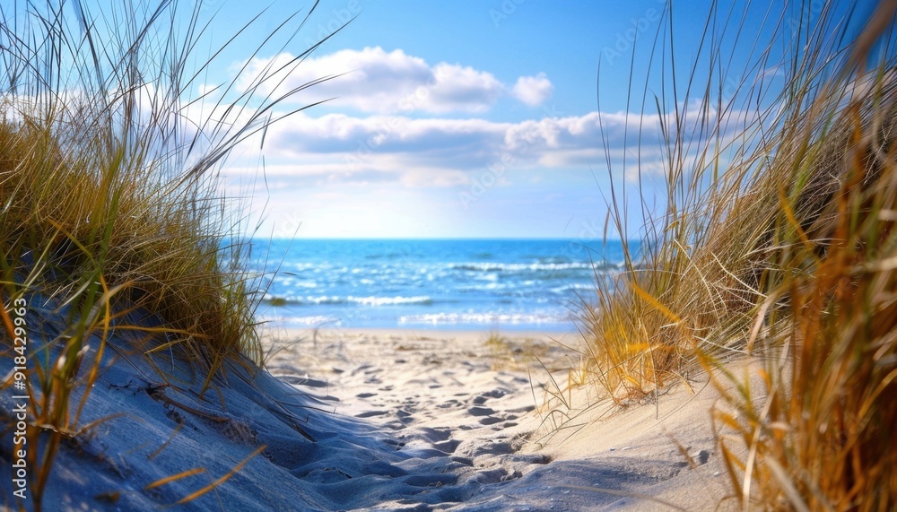 View of a tranquil beach through tall grass on a sunny day with clouds in the sky View of a tranquil beach through tall grass on a sunny day with clouds in the sky