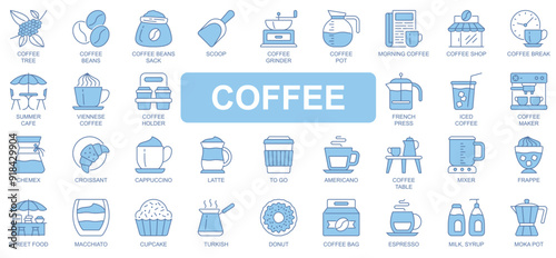 Coffee icons set in duotone outline stroke design for web. Pack pictograms of tree, beans, scoop, grinder, pot, shop, summer cafe, holder, french press, cappuccino, latte, other. Vector illustration.