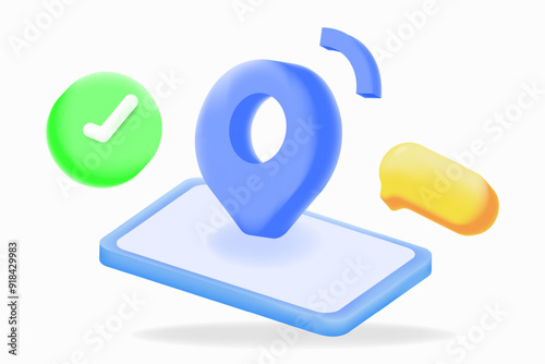 A location pin on a mobile device screen with a checkmark and bubble chat, representing location services, GPS navigation, and solutions. 3d illustration