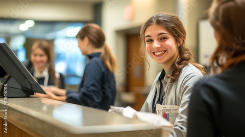 Bank staff are greeting customers with smiles at the service counter in the bank