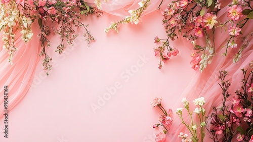 Pink Flowers and Sheer Fabric Border a Pink Background