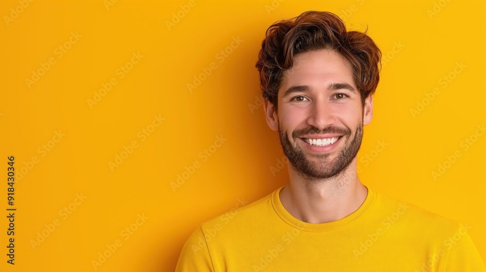 Portrait of cheerful young man on bright yellow background with copy space. Portrait of cheerful young man on bright yellow background with copy space.