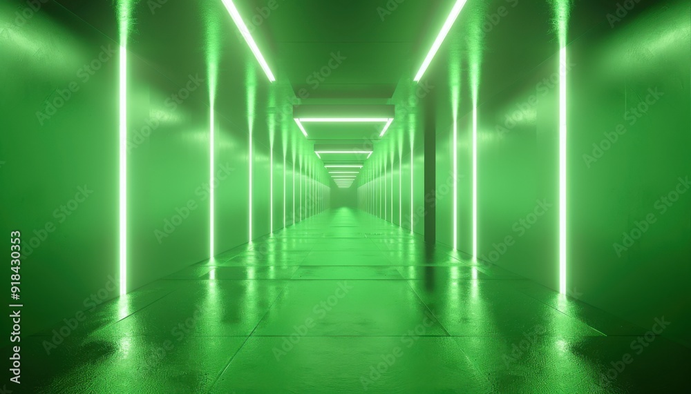 A long corridor illuminated with green lights in a futuristic setting at night A long corridor illuminated with green lights in a futuristic setting at night