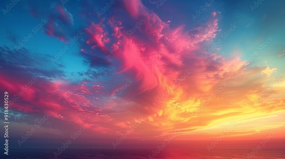 Fototapeta premium Rainbow Gradient Sky: A sky filled with a smooth gradient of rainbow colors, from deep blue to vibrant red, creating a cheerful and uplifting background.