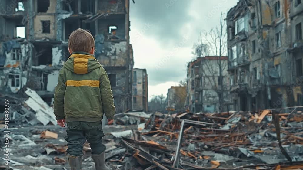Standing atop the rubble of demolished buildings in a conflict zone is a small, lone child wearing a green jacket. Standing atop the rubble of demolished buildings in a conflict zone is a small, lone child wearing a green jacket.