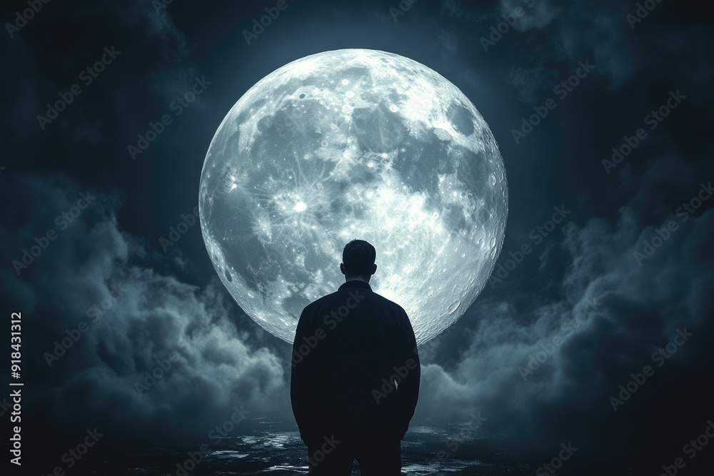 A Solitary Figure Gazes at a Full Moon Over a Dark Ocean A Solitary Figure Gazes at a Full Moon Over a Dark Ocean