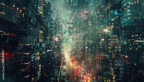 Vibrant urban landscape bustling with traffic in a futuristic city during the night