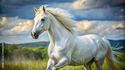 Herd of white horses running through the water. Image taken in Camargue, France.
