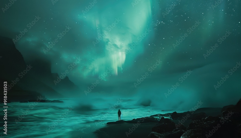 A lone figure stands on the shoreline under a vibrant night sky illuminated by the northern lights near a rugged coast A lone figure stands on the shoreline under a vibrant night sky illuminated by the northern lights near a rugged coast