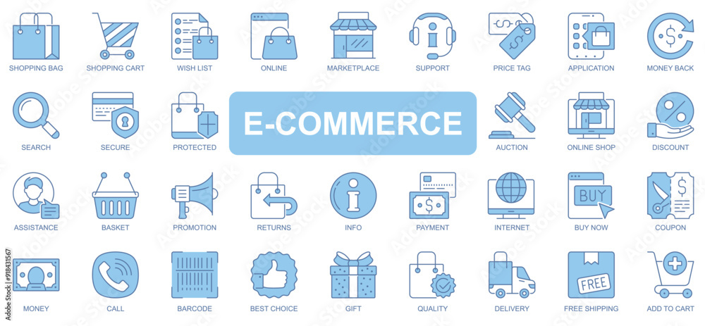 E-commerce icons set in duotone outline stroke design for web. Pack pictograms of shopping bag, cart, wish list, marketplace, support, price tag, search, auction, shop, other. Vector illustration. E-commerce icons set in duotone outline stroke design for web. Pack pictograms of shopping bag, cart, wish list, marketplace, support, price tag, search, auction, shop, other. Vector illustration.