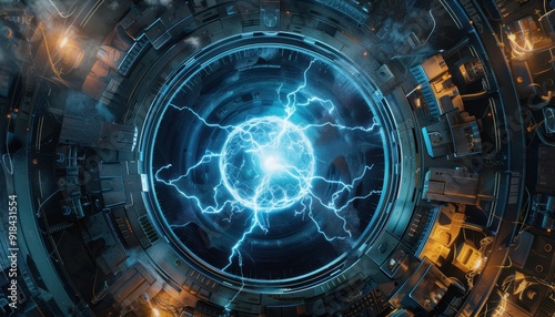Electric energy surge within a futuristic reactor chamber illuminated by blue lightning