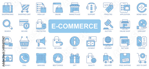 E-commerce icons set in duotone outline stroke design for web. Pack pictograms of shopping bag, cart, wish list, marketplace, support, price tag, search, auction, shop, other. Vector illustration.