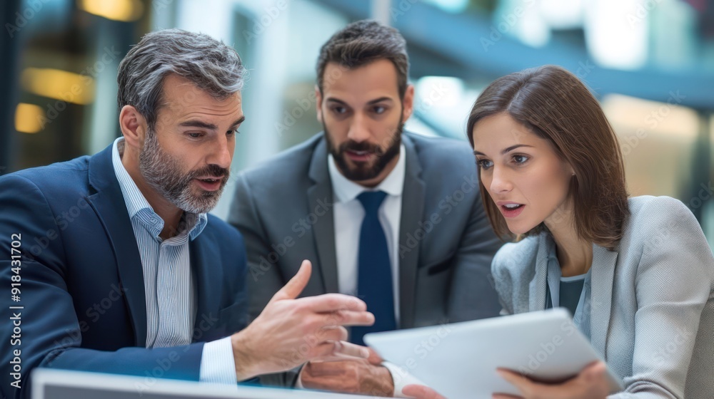 Business consultant, businessman, photos discussing investment planning and market analysis on tablet. Business consultant, businessman, photos discussing investment planning and market analysis on tablet.