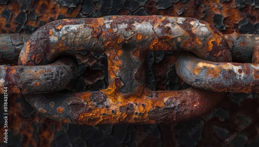 Rusty chain link with peeling paint on a weathered surface Rusty chain link with peeling paint on a weathered surface