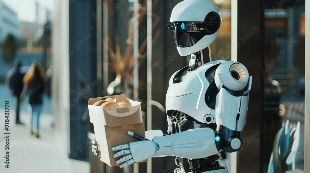 Futuristic Robot Delivering Pastries on City Street Futuristic Robot Delivering Pastries on City Street