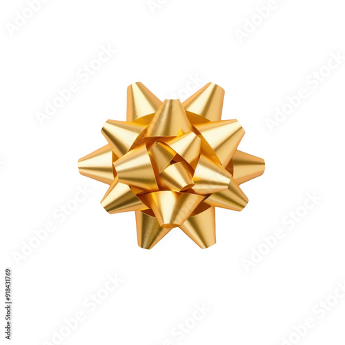 Shiny golden silk star flower gift bow isolated on white or transparent background, png clipart, design element. Easy to place on any other background.