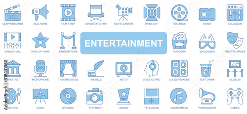 Entertainment icons set in duotone outline stroke design for web. Pack pictograms of clapperboard, bullhorn, film strip, director chair, movie camera, painting, photo art, other. Vector illustration.