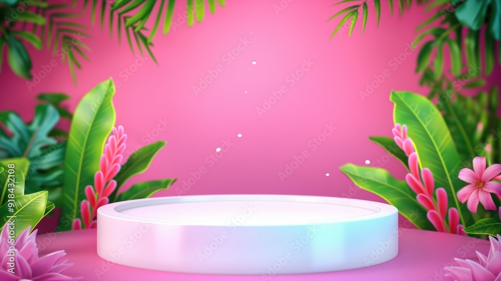 Pink background with exotic plants. Empty space in the middle, podium or product display showcase with copy space on a pedestal. Horizontal background. Pink background with exotic plants. Empty space in the middle, podium or product display showcase with copy space on a pedestal. Horizontal background.