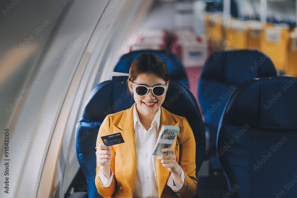 Naklejka premium A young Asian woman, seated as an airplane passenger, contemplates dollar bills, reflecting on lucrative opportunities and aspirations towards billionaire status.