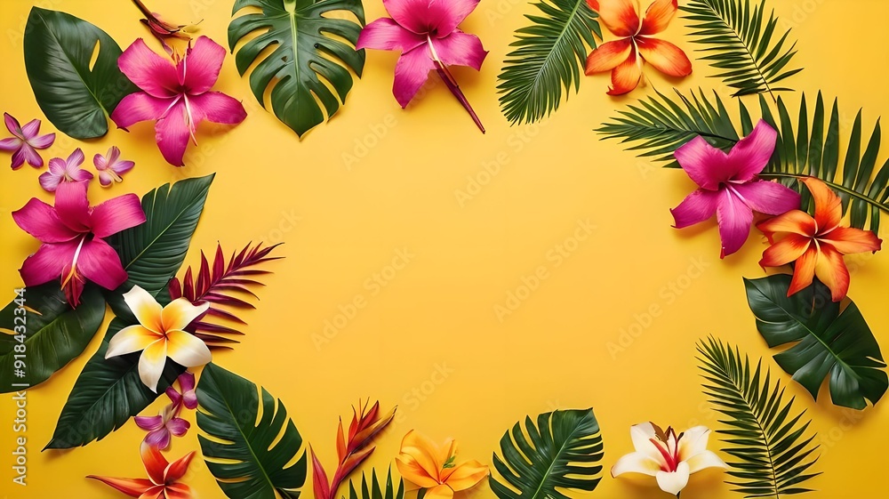 Flat lay of tropical flowers and leaves arranged on a yellow background, 
