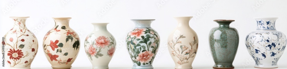 A set of seven vases in different styles, each with its own unique design and color palette. The Sugurama vase is made from clay using the pottery technique. A set of seven vases in different styles, each with its own unique design and color palette. The Sugurama vase is made from clay using the pottery technique.