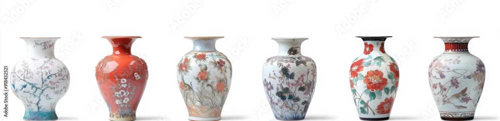 A set of seven vases in different styles, each with its own unique design and color palette. A set of seven vases in different styles, each with its own unique design and color palette.