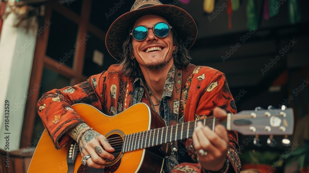 Fototapeta premium Cheerful musician with guitar