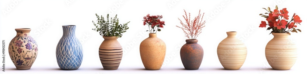 A set of vases with different designs and patterns, arranged in a row on a white background. The left vase is decorated with blue stripes and floral motifs A set of vases with different designs and patterns, arranged in a row on a white background. The left vase is decorated with blue stripes and floral motifs