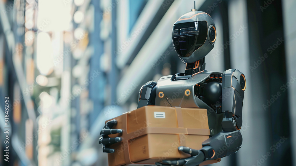 High-Tech Robot Delivering Package to Residential Doorstep High-Tech Robot Delivering Package to Residential Doorstep