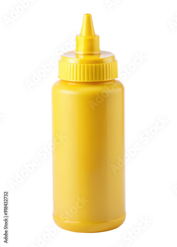 Yellow plastic mustard bottle with a squeeze cap, designed for easy dispensing, commonly used in kitchens and fast-food restaurants. Isolated on transparent background, png.