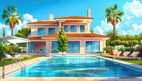 Modern villa with a swimming pool surrounded by lush greenery on a sunny day
