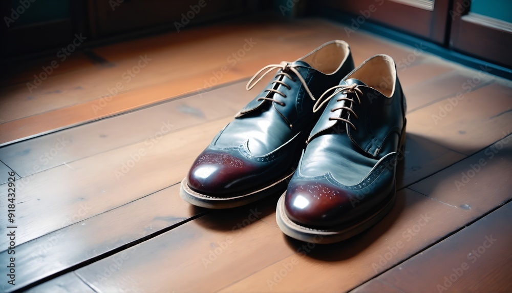 Used male leather shoes on wooden floor. Used male leather shoes on wooden floor.