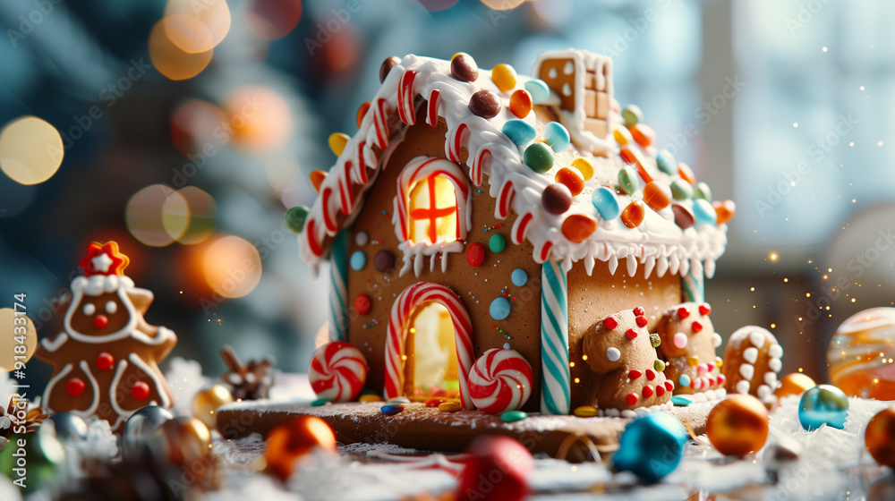 Decorated gingerbread house with festive candy and snowy setting Decorated gingerbread house with festive candy and snowy setting