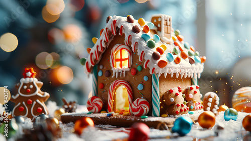 Decorated gingerbread house with festive candy and snowy setting