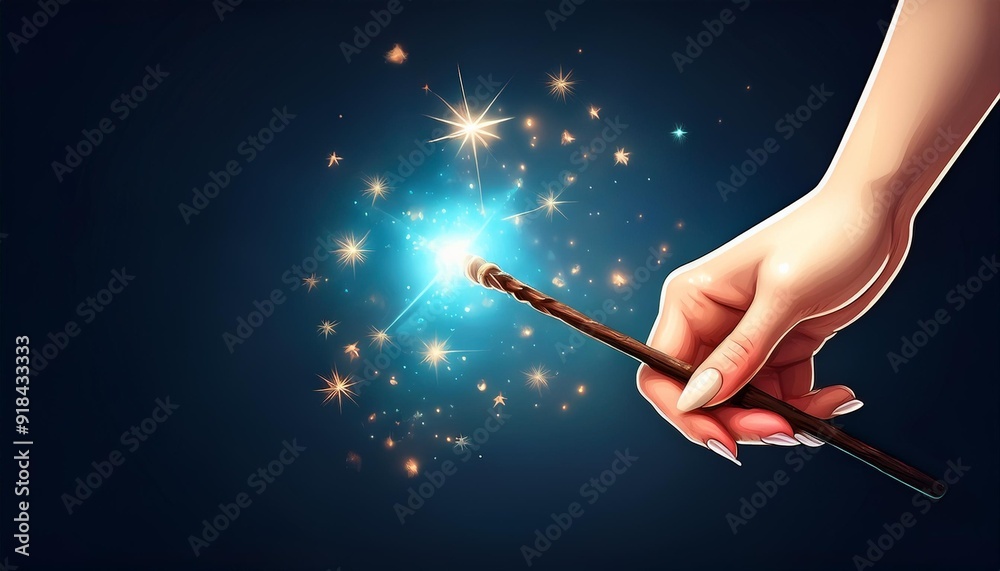 Fototapeta premium Witch Hand Holding Magic Wand Symbol Cartoon Illustration Vector