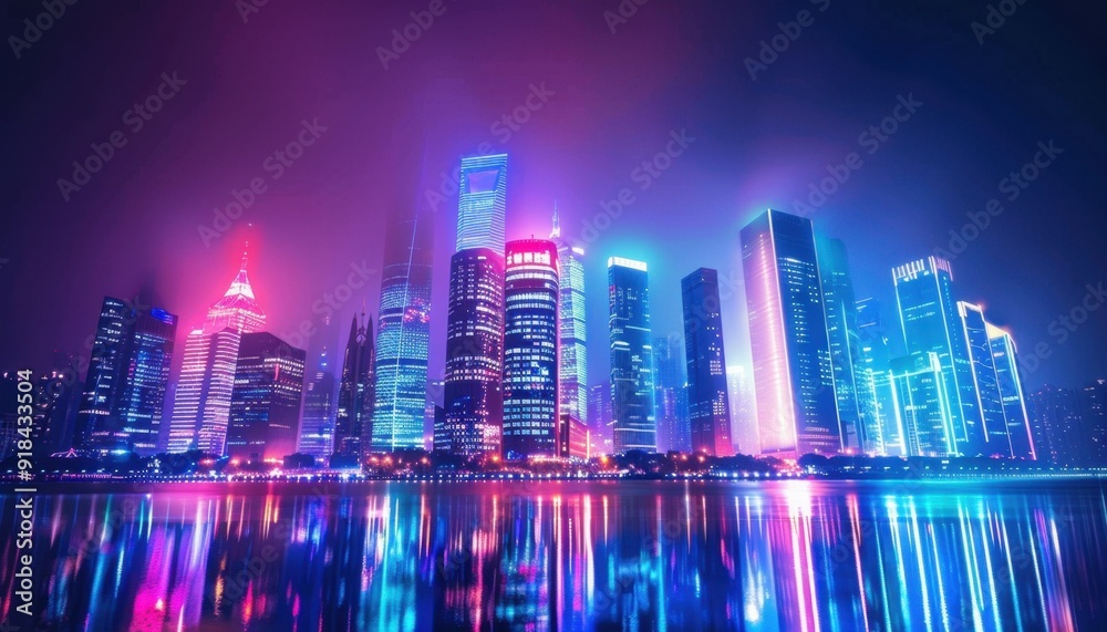 Vibrant city skyline illuminated by colorful lights reflecting on water during night in Shanghai Vibrant city skyline illuminated by colorful lights reflecting on water during night in Shanghai