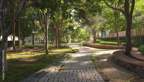 Serene walking path through a lush park with trees and benches in the afternoon sunlight