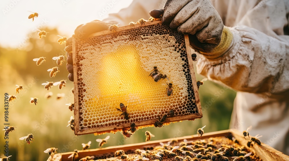 Close-up of a beekeeper holding a honeycomb frame. with bees flying around Close-up of a beekeeper holding a honeycomb frame. with bees flying around