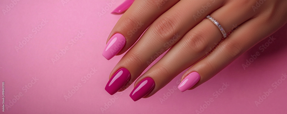 Female hand with pink red purple nails painted with gel polish Female hand with pink red purple nails painted with gel polish