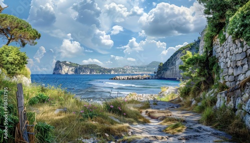 A tranquil coastal path leads to the blue waters of the Mediterranean under a bright sky in Italy