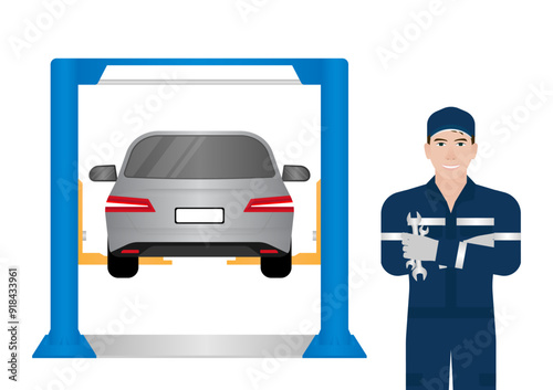 Car Mechanic or Automobile Mechanic working at Car Repair and Service Center. Car Maintenance. Vector Illustration. 